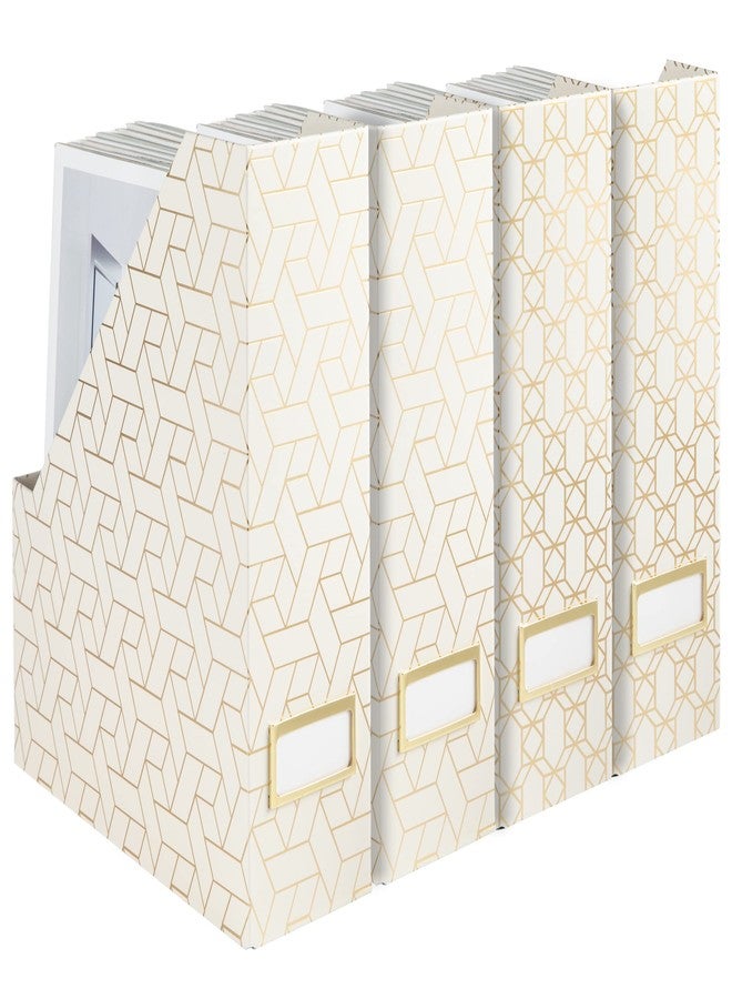 BLU MONACO | Cardboard Magazine File Holder Set of 4 | Vertical Magazine File Holder for Desk and Shelves | Cream Gold Foldable Magazine Holders with Label Slots - Image 1